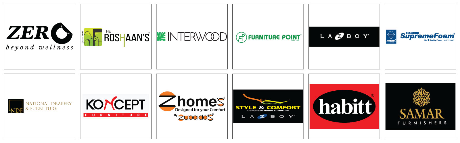 Logos of furniture brands exhibiting at Pakistan Interiors Furniture Expo